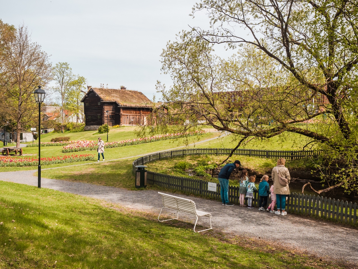 Park med m&auml;nniskor och gamla byggnader